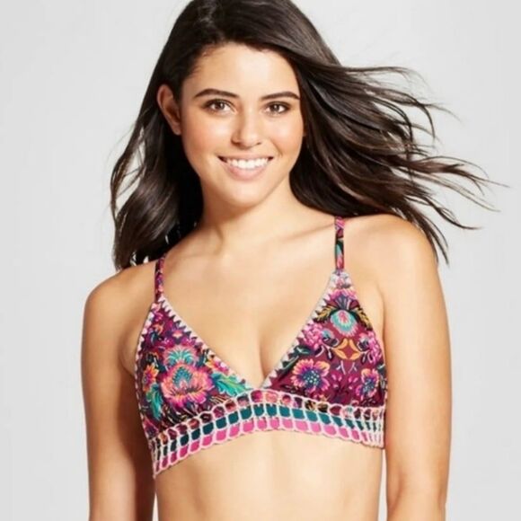 Sangria Floral Crochet Removable Pads Triangle Racerback Bikini Top Only L - Picture 1 of 4